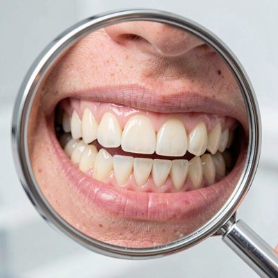 a dental mirror reflecting a row of teeth