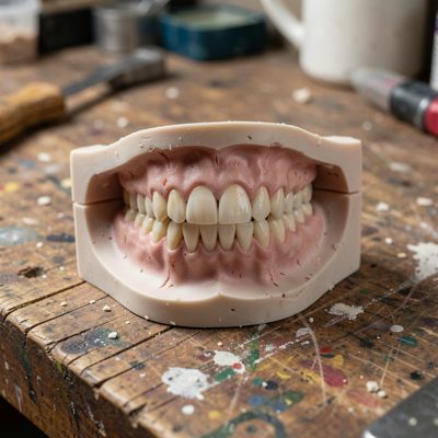 a mould of an upper jaw on a bench