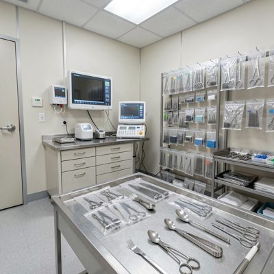 a sterilisation room with pouched instruments
