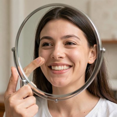 a smile being checked in a hand mirror