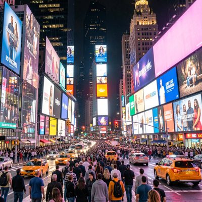 a crowded crossing under a canyon of illuminated billboards