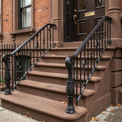 a brownstone stoop with iron railings