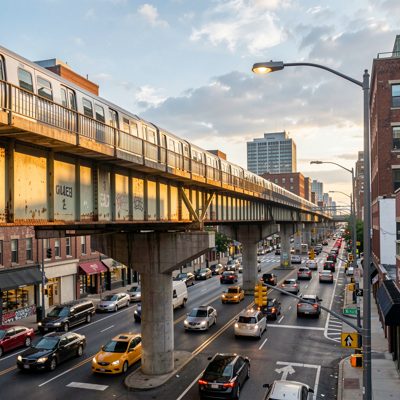 an elevated railway running over a busy street