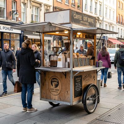 a coffee cart on a busy pavement
