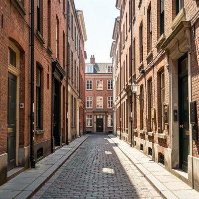 a narrow street between tall buildings at midday