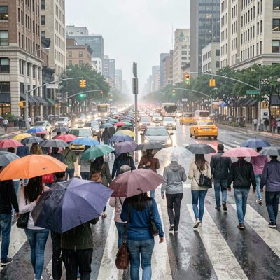 a crowd crossing a wide junction in the rain