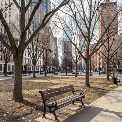 a park bench under bare winter trees in a city