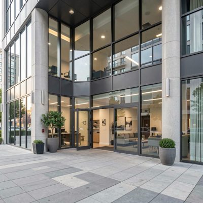 an office tower lobby seen from the pavement