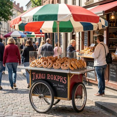 a pretzel cart with a striped umbrella