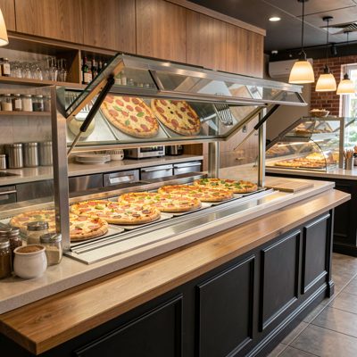 a pizza counter with a fold out serving window