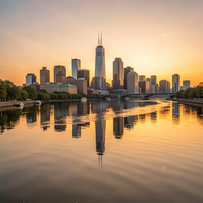 a skyline reflected in a river at sunrise