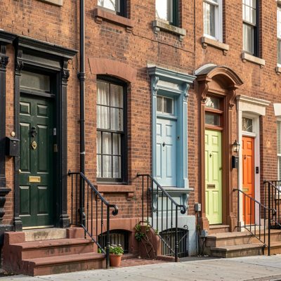 a row of brownstones with differently painted doors