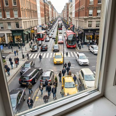 a busy pavement seen from a first floor window