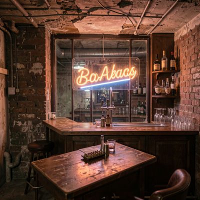 a bar with a neon sign in a basement window
