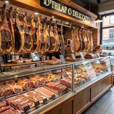 a delicatessen counter with cured meats hanging