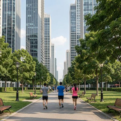 a park path with joggers between tall buildings