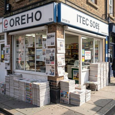a corner shop with newspapers stacked outside