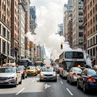 a busy avenue with traffic and rising steam