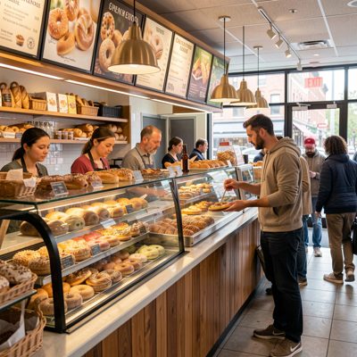a bagel counter in the morning rush