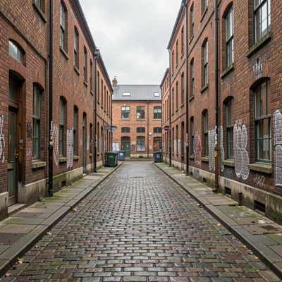 a cobbled street in a converted docklands area