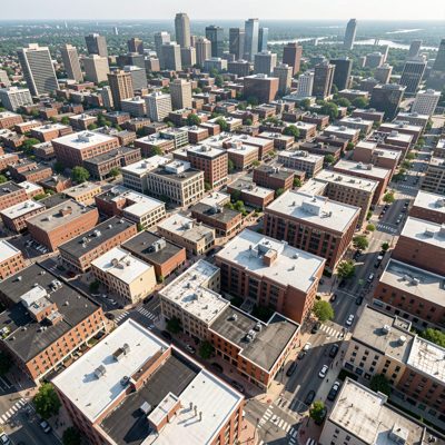 a rooftop view over a grid of city blocks