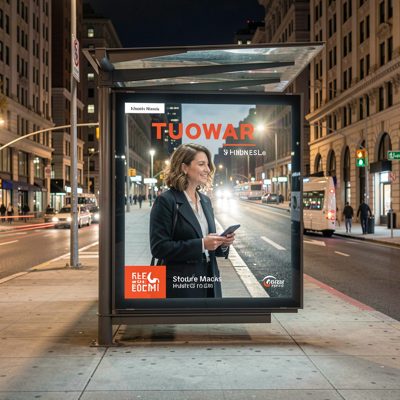 a bus shelter with an illuminated advertisement