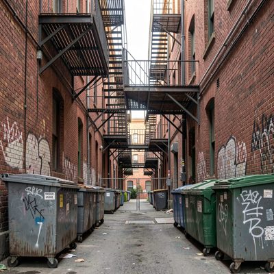 an alley with a fire escape and steel bins