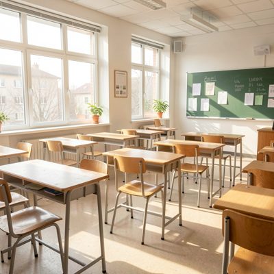 a bright classroom with empty desks and morning light
