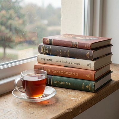 a stack of books beside a cup of tea on a windowsill