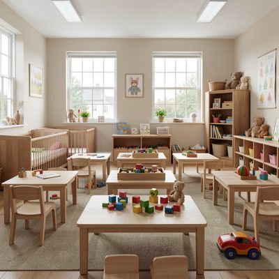 a nursery classroom with low tables and toys