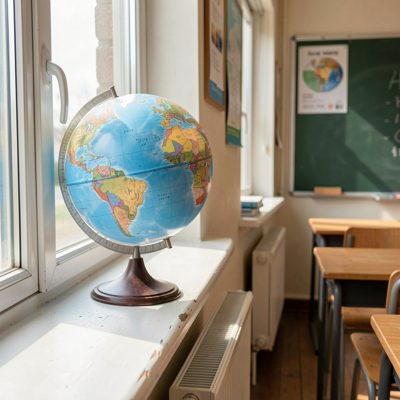 a globe on a windowsill in a classroom
