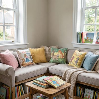 a reading corner with cushions and picture books