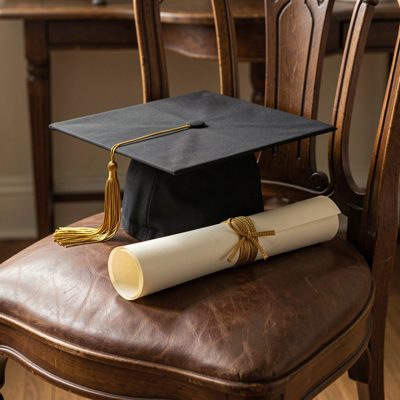 a graduation cap and rolled certificate on a chair