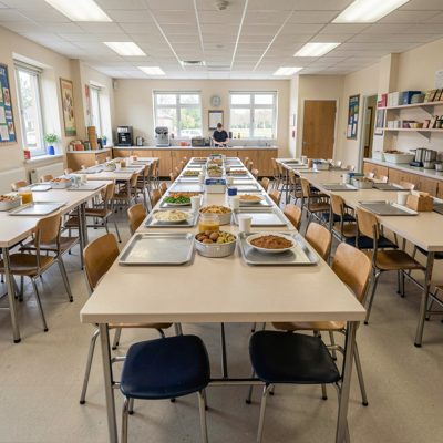 a school canteen with trays and long tables
