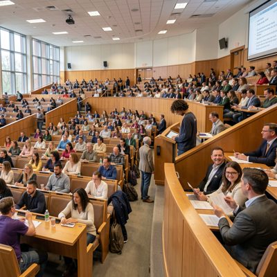 a lecture hall filling before a class starts