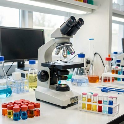 a microscope on a lab bench with slides beside it