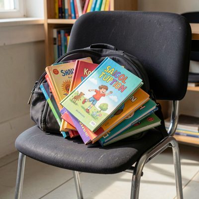 a bag of school books left on a chair
