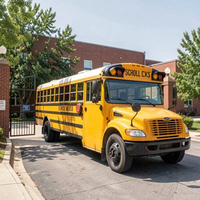 a school bus parked outside a school gate