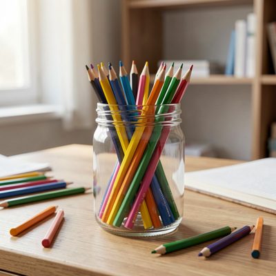 a set of coloured pencils in a jar on a desk