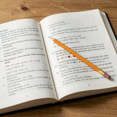 a maths textbook open with a pencil resting on it