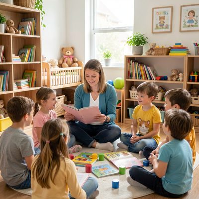 a nursery worker reading to a small group