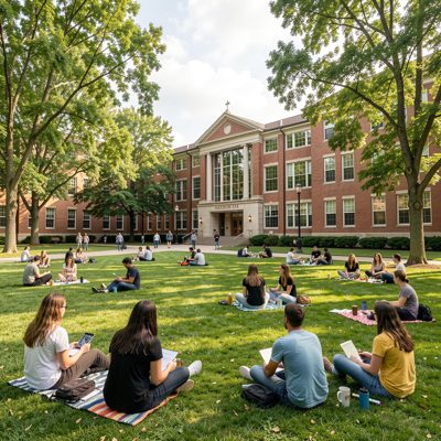 a university campus lawn with students sitting out