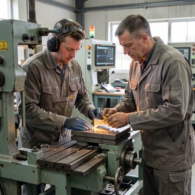 an apprentice being shown a machine by a trainer