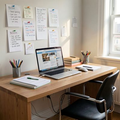 a study desk at home with revision notes on the wall