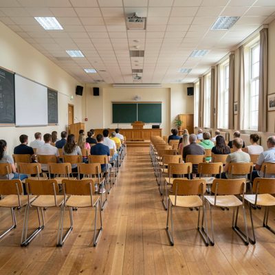 a school assembly hall with rows of chairs