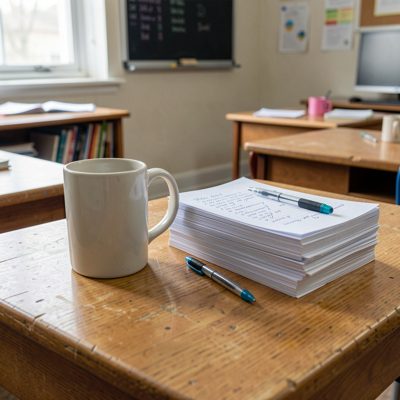 a teacher's desk with a mug and a stack of marking