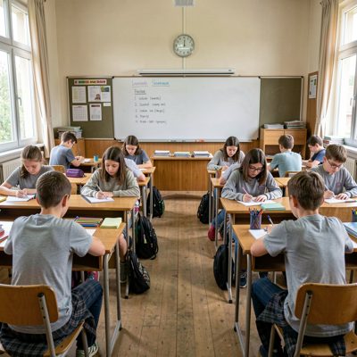 a classroom seen from the back with pupils working