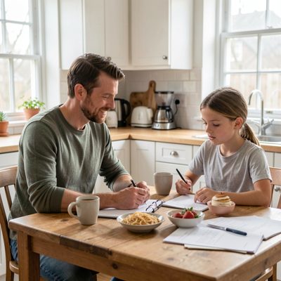 a tutor and student at a kitchen table