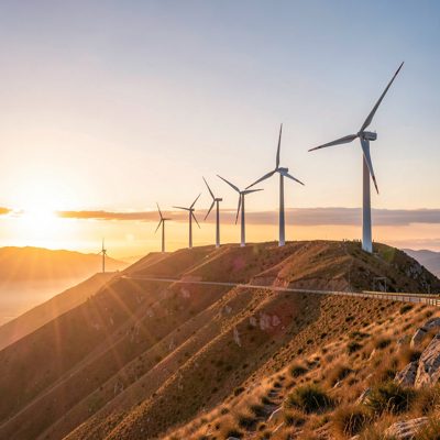 wind turbines on a ridge at sunrise