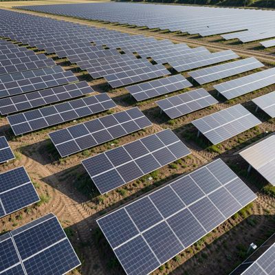 a field of solar panels in rows